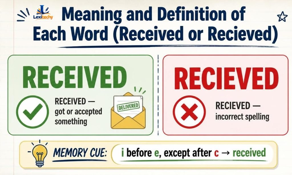make a image about this headings Meaning and Definition of Each Word (Received or Recieved) in 169 ratio image related to this topic and also write text on image